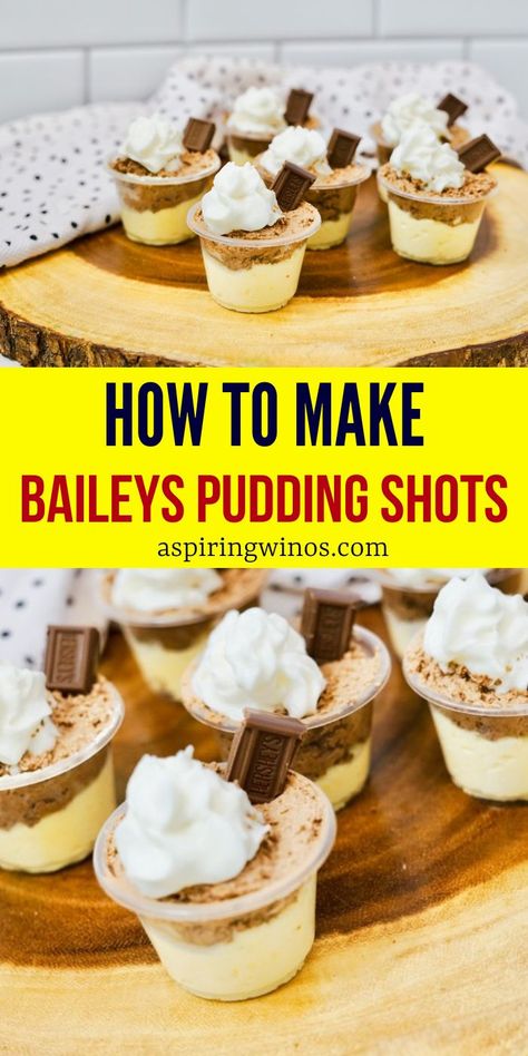 Baileys Pudding Shots, Baileys Pudding, Desserts In Shot Glasses, Shot Glass Desserts Recipes, Chocolate Pudding Shots, Pudding Shot Recipes, Baileys Dessert, Shots Alcohol Recipes, Easy Pudding