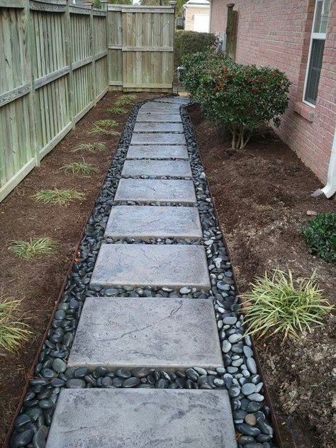 good solution for problem area: river rock and pavers                                                                                                                                                      More Front Yard Walkway, Small Yard Landscaping, Walkway Landscaping, River Rock Landscaping, Pathway Landscaping, Paver Walkway, Walkways Paths, Side Yards, Drought Tolerant Landscape