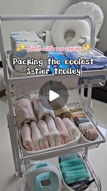 🏠 Home Swee Home on Instagram: "I packed all the frequently used items for baby K here, so we can conveniently grab whatever's needed quickly!  Tier 1: Baby's diaper change needs 👶🏻 Diapers 👶🏻 Kitchen towel 👶🏻 Wet tissue  Tier 2: Baby's clothing 👶🏻 Swaddles 👶🏻 Burp cloths 👶🏻 Handkerchiefs   Tier 3: Pump items 👶🏻 Breast pump & parts 👶🏻 Milk storage bags 👶🏻 Breastpads  And the best part is that the items in the lower tier can still be easily reached since the baskets can be pivoted to be on the same level!! We wheel it around the nursery - from the nursing chair to the changing station and to the baby cot when needed.   This trolley can also be used to store small kitchen appliances or cleaning items! Comment "TROLLEY" below for the link to be sent to you! :)  #3tiertrolle Nappy Trolly Ideas, Rolling Cart Organization Baby, Newborn Bedside Station, Changing Station Nursery, Infant Tips, Diaper Cart, Nursery Changing Station, Baby Trolley, Baby Changing Station