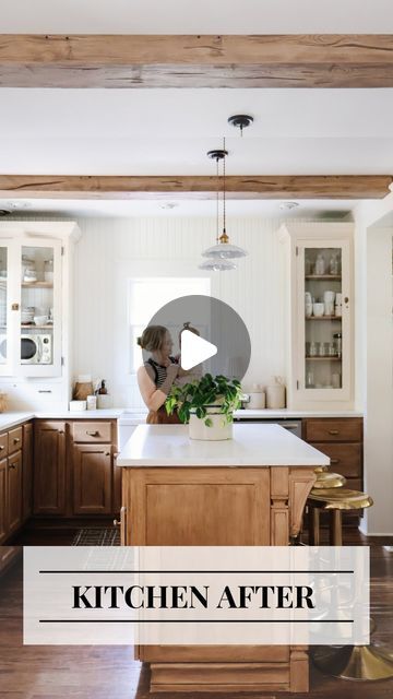 DIY + Home Decor | Jayme Squires on Instagram: "Ps: it’s not real wood 🤫 I used @retiqueliquidwood paint for the cabinets & faux wood foam beams from @barrondesigns for the ceiling!" Light Wood Beams On Ceiling, Faux Beams In Kitchen, Foam Beams, Beam In Kitchen, Colonial Revival House, Ceiling Diy, Staining Furniture, Faux Wood Beams, Faux Beams