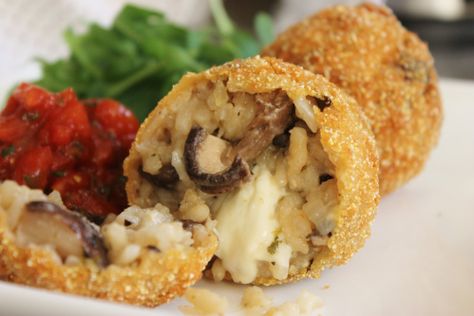 Wild Mushroom Arancini, Mushroom Risotto Balls, Mushroom Arancini Recipe, Mushroom Arancini Balls, Arancini Mushroom, Mushroom Arancini, Stuffed Rice Balls, Halloumi Cheese Recipes, Arancini Balls