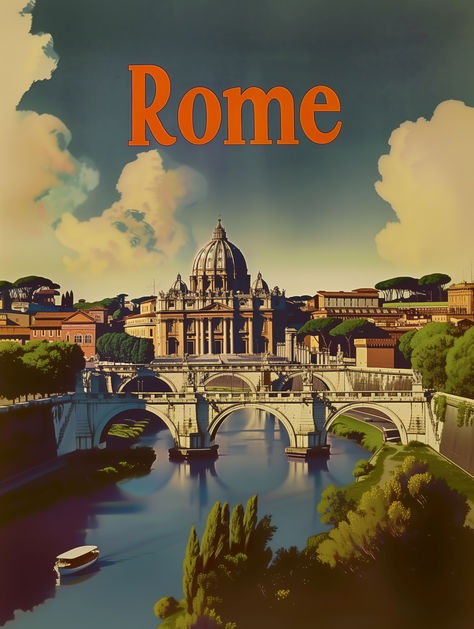 Welcome to our Vintage Rome Vatican City Travel Poster listing! This splendid art piece transports you to the heart of Italy, showcasing a breathtaking view of the Vatican City as seen from the Tiber River. The serene waters and iconic Ponte Sant'Angelo bridge frame the magnificent St. Peter's Basilica, captured here in its full, sunlit glory. Vintage Rome, Rome Poster, Tiber River, Rome Vatican, Landscape Posters, Italian Posters, Italian Landscape, Old Advertisements, Rome Travel