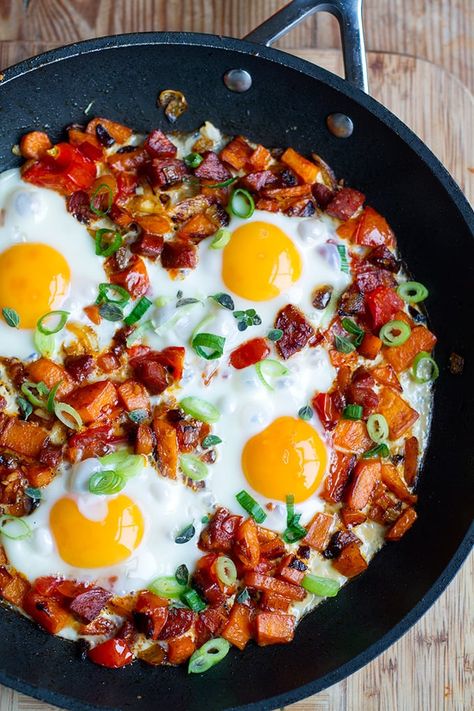 Potato Egg Skillet, Yoghurt Chicken, Chorizo Sweet Potato, Caramelised Apple, Skillet Eggs, Paleo Hummus, Sweet Potato Egg, Easy Skillet Dinner, Breakfast Paleo