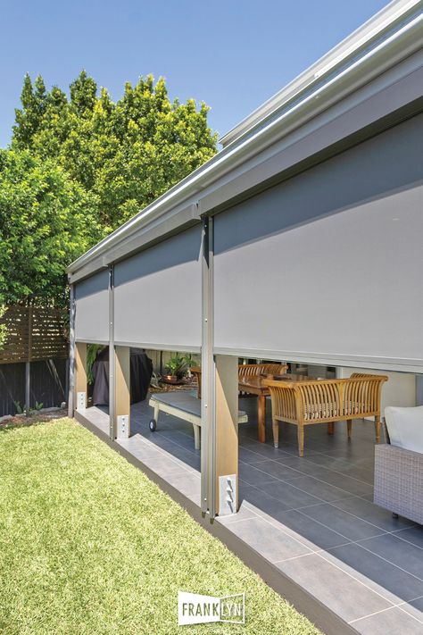 Patio Privacy Walls Outdoor Living, Pergola Entertainment Area, Outdoor Blinds Patios Privacy Screens, Pergola With Blinds, Outdoor Undercover Area, Enclosed Outdoor Area, Enclosed Pergola Ideas, Outdoor Awning Ideas, Enclosed Outdoor Rooms