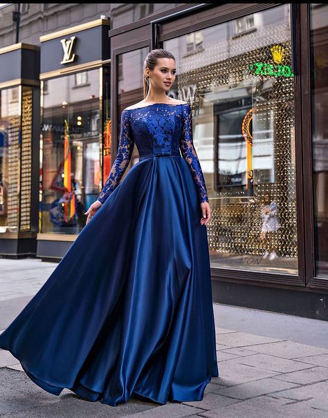 Royal Blue Evening Gown, Blue Wedding Guest Dresses, Satin Evening Gown, Blue Evening Gowns, Elegant Cocktail Dress, Long Train Wedding Dress, Gold Bridesmaid Dresses, Fantasy Dresses, Blue Wedding Dresses