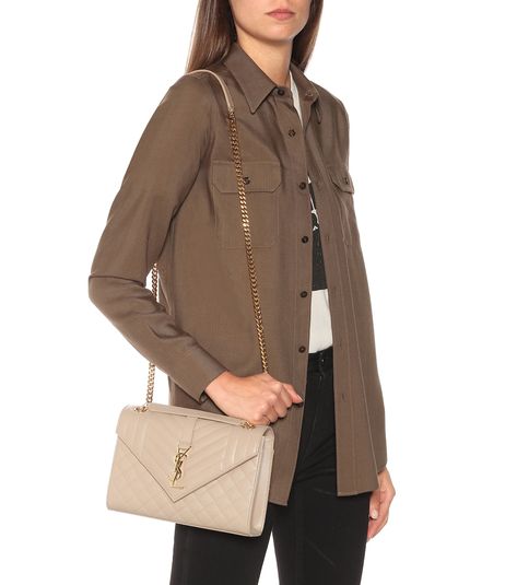 Envelope Medium leather shoulder bag in dark beige Ysl Envelope Bag Outfit, Ysl Envelope Bag Medium, Ysl Envelope Bag, Ysl Envelope, Beige Shoulder Bag, Bag Dark, Envelope Bag, Dark Beige, Overalls Women