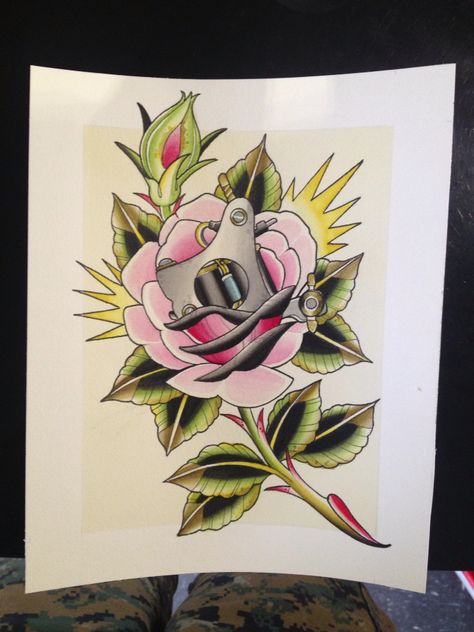 Jensen Machine and Rose. Tattoo flash. Spit shade. Shade Tattoo, Rose Tattoo Flash, Rose Reference, Tattoo Shading, Back Of Shoulder Tattoo, Traditional Tattoos, American Traditional Tattoo, Tattoo Flash, American Traditional