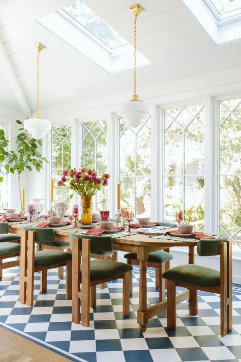 A Whimsical Fall (Holiday + Year-Round TBH) Tablescape In Our Sunroom - Emily Henderson Whimsical Dining Room, Tile Interior Design, Colour Palate, Em Henderson, Tile Interior, Whimsical Fall, Fall Dining Room, Room Addition, Brick Ranch