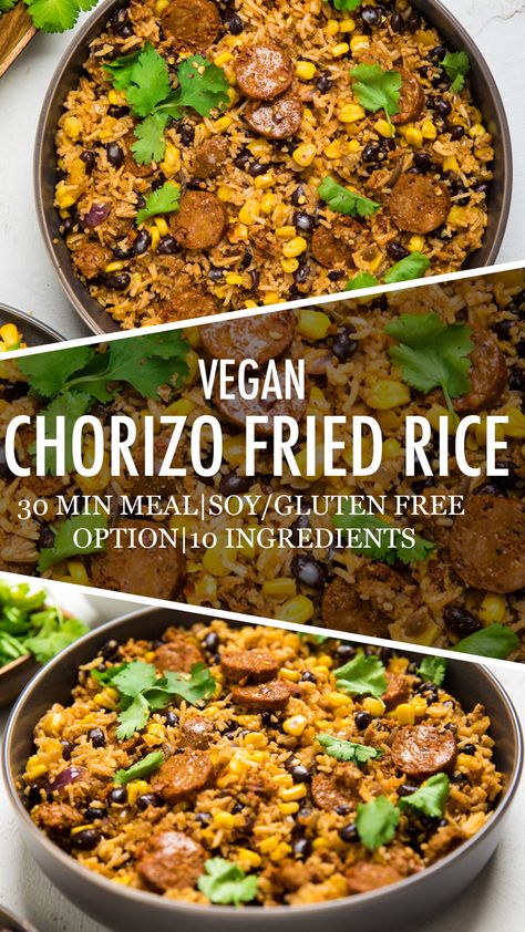 Vegan Chorizo Fried Rice - Make It Dairy Free Soy Chorizo Recipes, Chorizo Recipes Dinner, Seasonal Vegan Recipes, Soy Chorizo, Vegan Main Course, Vegan Chorizo, Dairy Free Recipes Dinner, Vegan Fries, Chorizo Recipes