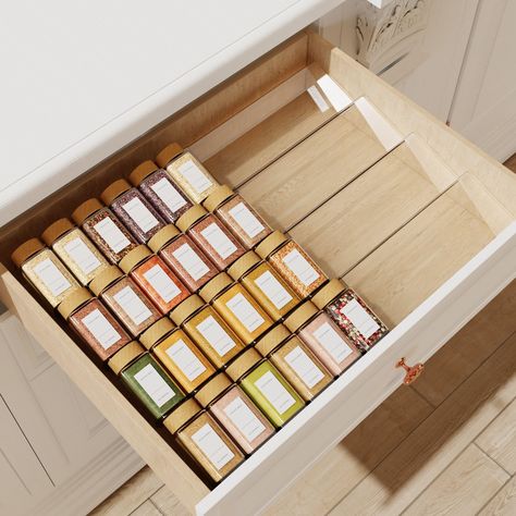 PRICES MAY VARY. Clear Acrylic Large-capacity Drawer Spice Rack: The spice rack is suitable for drawers with deep of at least 3.25 inches (please measure the size of the drawer deep before placing an order), and can hold up to 60 standard 4-ounce spice jars. Expandable Spice Drawer Insert: 8 pieces (13*4.7 inches each) adjustable spice tray can be freely combined to fit your drawers, cabinets or countertops. The maximum expansion size is 26" x 19". Premium Materials: The spice rack tray insert i Deep Drawer Spice Organization, Spices Drawer Organization, Pan Drawers Kitchen, Organizing Spices In A Drawer, Kitchen Spice Cabinet Organization, Kitchen Cabinet Drawer Organization, Spice Drawer Pull Out, Spice Shelf Ideas, Spice Storage Ideas Inside Cabinets