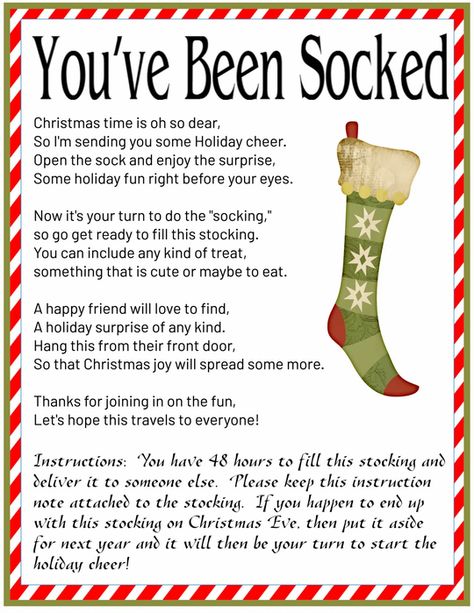 Christmas Ding Dong Ditch Ideas, You've Been Socked Free Printable, Ding Dong Ditch Ideas Christmas, Christmas Community Event Ideas, Community Christmas Event Ideas, You've Been Socked Christmas, Socked Christmas, You've Been Socked, Youve Been Socked