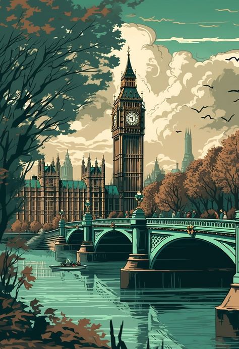 London Animated Wallpaper, Clock Tower Drawing, London Landmarks Illustration, London Art Drawing, England Illustration, London Clock Tower, Tower Illustration, London Clock, Perspective Drawing Architecture