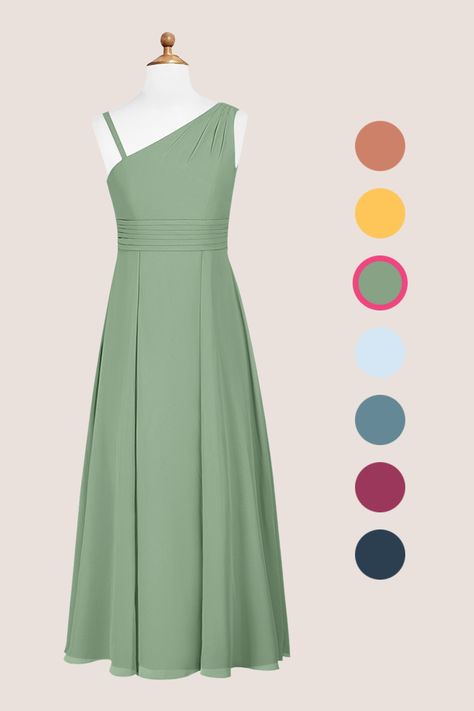 Have your junior bridesmaids looking and feeling fabulous while wearing Dallas, our chiffon A-line dress. This modern, one-shoulder beauty features pleating details. Her unique details will have your junior bridesmaid twirling in style across the dance floor. Jr Bridesmaid Dresses Satin, Jr Bridesmaid Dresses, Bridesmaid Dresses Off Shoulder, Teenager Party, Bridesmaid Dresses Satin, Junior Bridesmaids, Sage Green Bridesmaid Dress, Beauty Features, Junior Bridesmaid Dress