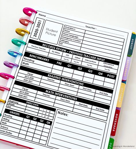 Student Tracking Sheet, Organizing Student Data, Data Organization For Teachers, Intervention Teacher Organization, Teacher Organization Binders, Classroom Data Tracking, Data Binder For Teachers, Teacher Data Binder, Grading Sheets For Teachers