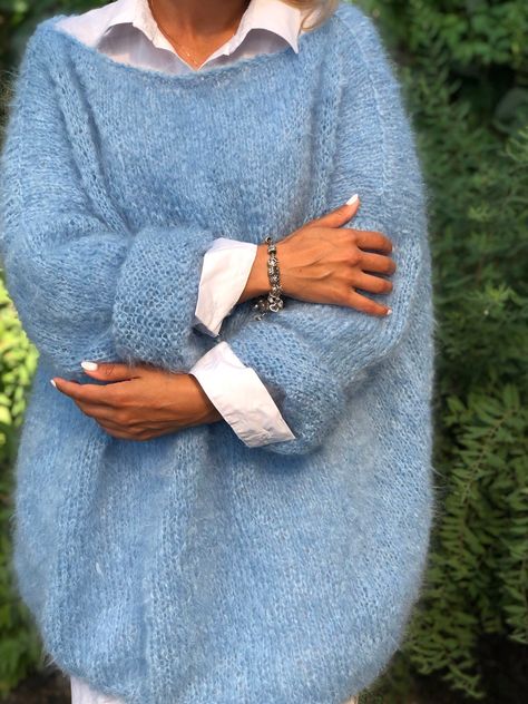 Lovely Person, Long Sweaters For Women, New Sweater, Fluffy Sweater, Womens Sweaters, Sweater Wool, Blue Pullover, Hand Knitted Sweaters, Long Sweater