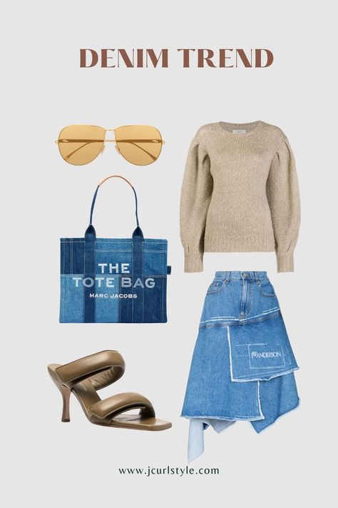 Denim Tote Bag Outfit, Tote Bag Outfit, Patchwork Tote Bags, Tote Outfit, Bag Outfit, Denim Tote Bags, Denim Tote, Denim Trends, Denim Midi Skirt