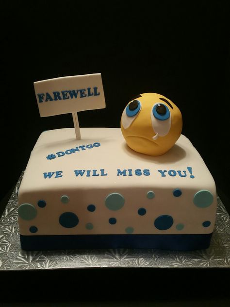 Farewell crying emoji cake Farewell Cakes Coworker, Farewell Cake Ideas Coworker, Goodbye Cakes Coworker, Cake For Farewell Party, Fairwell Cake Ideas, Farewell Cake Designs, Leaving Cake, Goodbye Cake, Bedroom Tv Wall Design