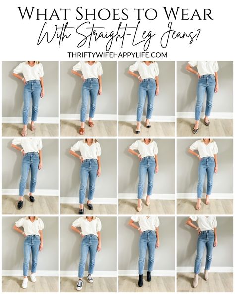 Ankle Length Jeans Shoes, Straight Pants Outfit Jeans, Women’s Straight Leg Jeans Outfit, What Shoes To Wear With Jeans, Ankle Straight Jeans Outfit, Outfits With Straight Leg Jeans, Shoes To Wear With Straight Leg Jeans, Ankle Jeans Outfit, What To Wear With Jeans