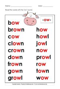 Free Phonic Chart: -ow- sound Kids English Worksheets, Ow Sound, Ow Words, Oo Words, Reading Fluency Passages, Phonics Chart, English For Kids, Phonics Posters, Kindergarten Phonics Worksheets