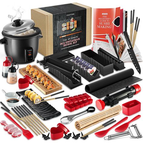 PRICES MAY VARY. THE GOLD STANDARD IN SUSHI MAKING: Includes EVERYTHING you need – sushi rice cooker, sushi bazooka roller, sushi molds, triangle onigiri molds, nigiri sushi mold, spam musubi mold, bamboo roller, rice ball shaker, silicone kitchen mat, avocado slicer, julienne peeler, knife, rice paddle and spreader, melamine sauce bowls, serving dishes, chopsticks with rests + more cooking gadgets! DESIGNED FOR BEGINNER TO EXPERT LEVEL: Indulge in the absolute best sushi making kit out there. C Sushi Bazooka, Sushi Making Kit, Sushi Kit, Sushi Making, Diy Sushi, Sushi Maker, Nigiri Sushi, Best Sushi, Cook Up A Storm