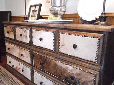 Cowhide dresser redo. I can't wait to try this. I love the western look that the cowhide gives. Cowhide Dresser, Brid House, Reimagined Furniture, Cowhide Decor, Ranch Furniture, Cowhide Furniture, Dresser Redo, Bohemian Nursery, Modern Cowboy