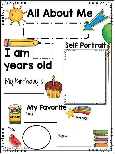 Printable All About Me Poster for a Preschool Theme September Lesson Plan Themes, Calender For Kindergarten Classroom, Who Am I Activity Preschool, August Preschool Themes Lesson Plans, My School Preschool Theme, Preschool Teaching Ideas Lesson Plans, Al About Me Preschool Activities, Prek Themes For The Year, Myself Theme Board Ideas For Preschool