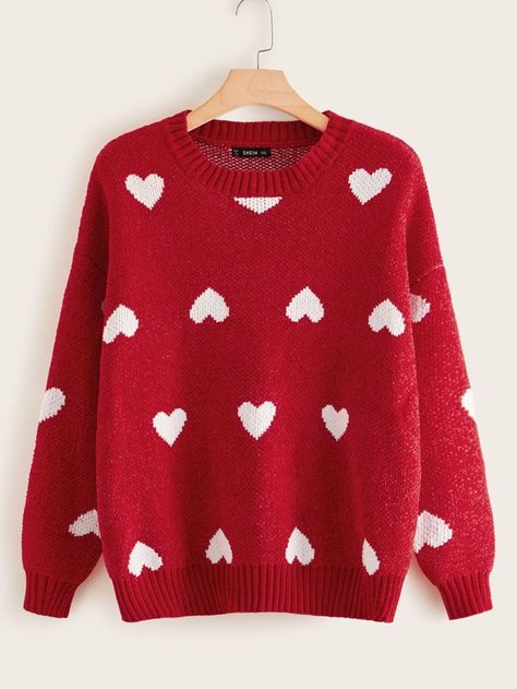 Plus Drop Shoulder Heart Knit Sweater | SHEIN USA Heart Knit Sweater, Heart Clothes, Heart Sweater, Cute Sweater, Plus Size Sweaters, Sweaters Crewneck, Cute Sweaters, Knitted Pullover Sweaters, Knit Jumper