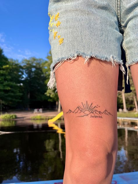 First Tattoo Ideas For Women Thigh, He Moves Mountains Tattoo, Unique Mountain Tattoos For Women, Knee Mountain Tattoo, Kentucky Tattoos For Women, Moutain Tattoos Fine Line, Mountain Tattoo Above Knee, Your Gonna Go Far Tattoo, Couple Tattoos Nature