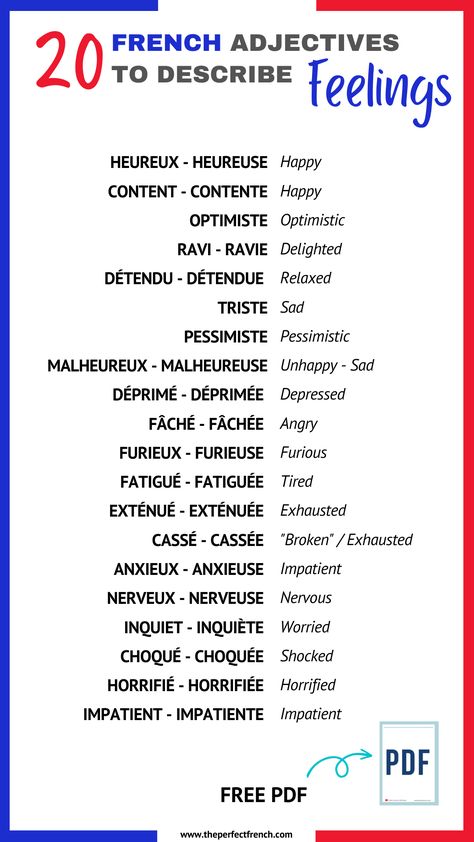 Let’s talk about feelings in French! Do you know how to say that you are feeling tired, angry, or worried? In this French lesson, we will learn 20 French adjectives to describe feelings. All adjectives are translated into English, of course, and they all include an example and audio. Feelings In French, Emotions In French, Learning French Notes, Common French Phrases, How To Learn French, French Notes, Talk About Feelings, French Words With Meaning, French To English