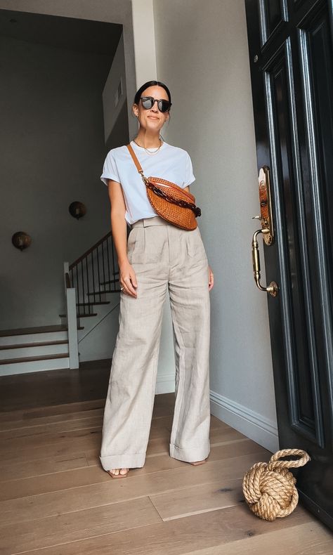 Linen Pants T Shirt Outfit, Linen Wide Pants Outfit, Tailored Linen Pants Outfit, Linen Tailored Pants, Black Wide Leg Linen Pants Outfit, Summer Linen Pants Outfit, Tshirt And Trousers Outfit Women, Wide Leg Trousers Outfit Summer, Linen Wide Leg Pants Outfits