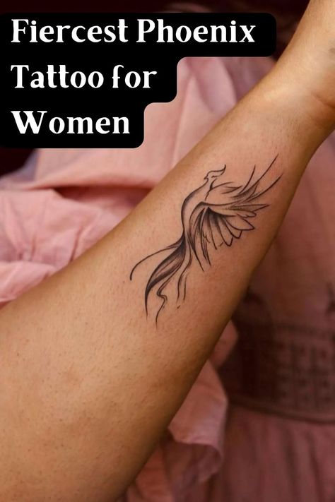 121 Fiercest Phoenix Tattoo Ideas for Women - Tattoo Glee Womens Pheonix Tattoo Ideas, Persist Tattoo Ideas, Minimal Phoenix Tattoo Design, Saved Tattoo Ideas, Women’s Phoenix Tattoo, Strength Forearm Tattoo Women, Feminine Phoenix Tattoo Small, Fine Line Phoenix Tattoo Women, Pheonix Tattoo For Women Simple