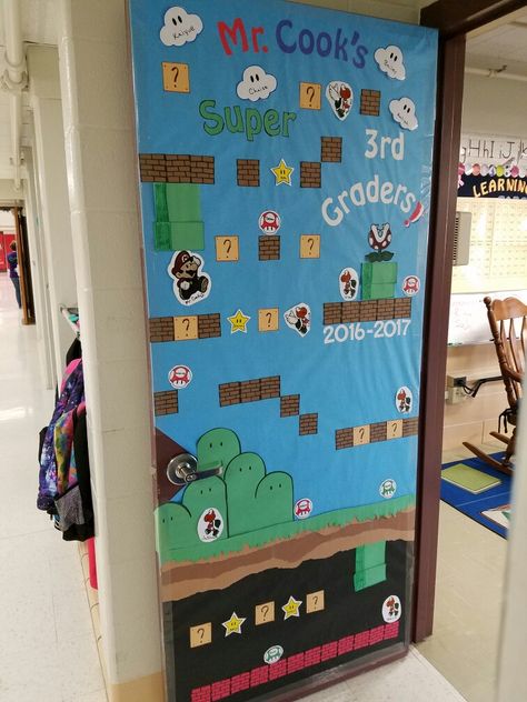 Super Mario Door! Super Mario Bros Door Decoration, Super Mario Theme Classroom, Mario Classroom Door, Mario Door Decorations, Super Mario Door Decorations, Super Mario Bulletin Board Ideas, Super Mario Classroom Door, Mario Kart Bulletin Board, Super Mario Bros Classroom Theme