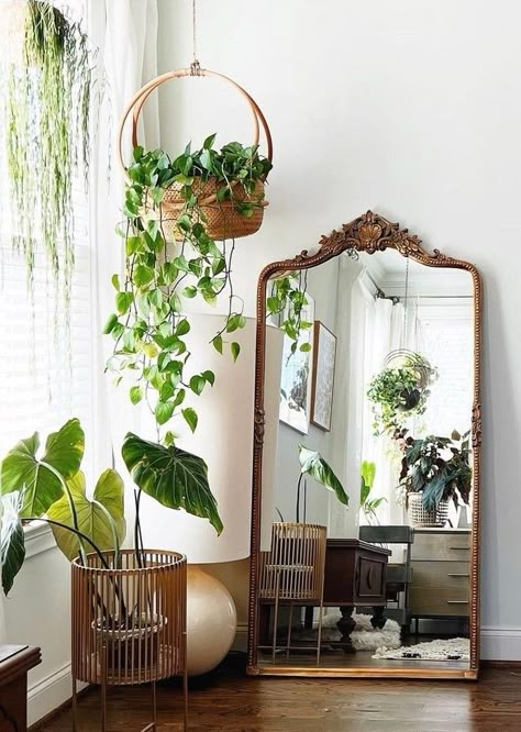 Bedroom Mirror Set Up, Plants Over Mirror, Boho Living Room Mirror, Boho Dresser With Mirror, Plants Around Mirror, Above Mirror Decor, Corner Mirror Decor Living Room, Mirror Corner Ideas Living Room, Boho Mirror Full Length