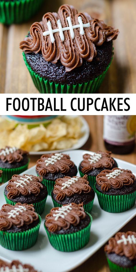 Turn any cupcake into a touchdown treat with this easy tutorial and video! These football cupcakes are perfect for your Super Bowl party, football watch parties, and birthday parties. | football cupcakes ideas boy birthday | football cupcakes easy | football cupcakes super bowl | superbowl football cupcakes Bowl Desserts, Super Bowl Essen, Chocolate Footballs, Superbowl Desserts, Football Cupcakes, Shugary Sweets, Football Cake, Football Decorations, Mix Recipes