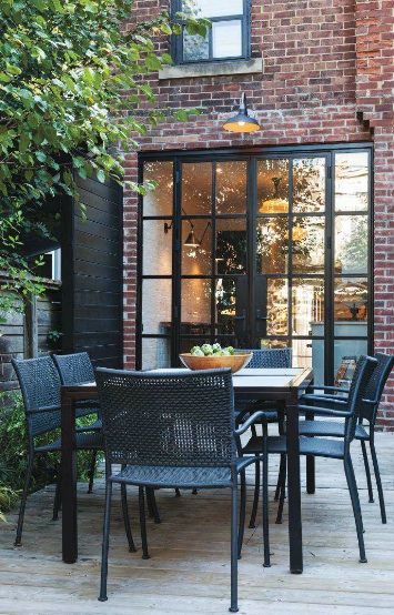 CURRENTLY OBSESSED – BLACK TRIM Black French Doors, Canadian House, Black Window Frames, Window Trim Exterior, French Doors Patio, Red Brick House, Outside Patio, Casa Exterior, Brick Patios