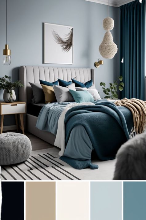 Light Blue Color Palette Bedroom, Spare Room Colour Scheme, Calm Bedroom Colors Cozy Colour Schemes, Pale Blue Bedroom Ideas, Guest Room Color Scheme, Muted Blue Color Palette, Spare Bedroom Ideas Guest Rooms, Pale Blue Bedroom, Light Blue Color Scheme