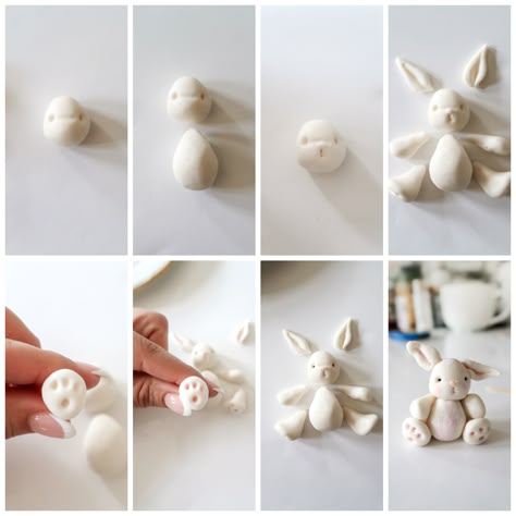 How To Make A Bunny Out Of Clay, Bunny Fondant Cake, How To Make A Fondant Bunny, Fondant Easter Bunny, How To Make Bunny, Bunny Rabbit Birthday Cake, Diy Clay Bunny, Bunny Fondant Topper, Clay Rabbit Tutorial