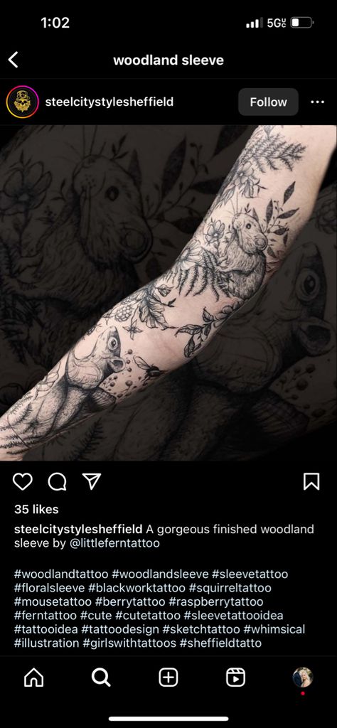 Woodland Sleeve Tattoo, Woodland Tattoo Sleeve, Woodland Tattoo, Squirrel Tattoo, Wildlife Tattoo, Fern Tattoo, Mouse Tattoos, Arm Sleeves, Floral Sleeve