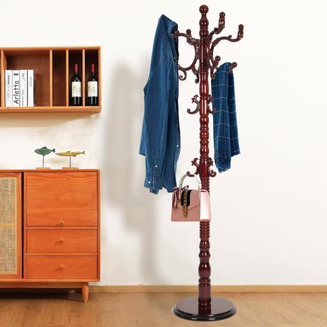 PRICES MAY VARY. 【Strong and Sturdy】There will always be a lot of clothes in all parts of the room in life, and we understand your troubles. With a weight-bearing capacity of up to 200lb and has 14 hooks, this heavy wood coat rack is built to withstand heavy loads, which is very suitable for hanging coats, hats, scarves and other items. 【Adjustable Height】Isn't it a great idea to let your children learn to tidy their own rooms? Designed to accommodate both adults and children, this coat rack fea Aesthetic Coat Rack, Coat Hanger Stand, Entryway Porch, Tree Coat Rack, Coat Tree, Porch Living, Waterproof Paint, Hanger Stand, Hanger Organizer