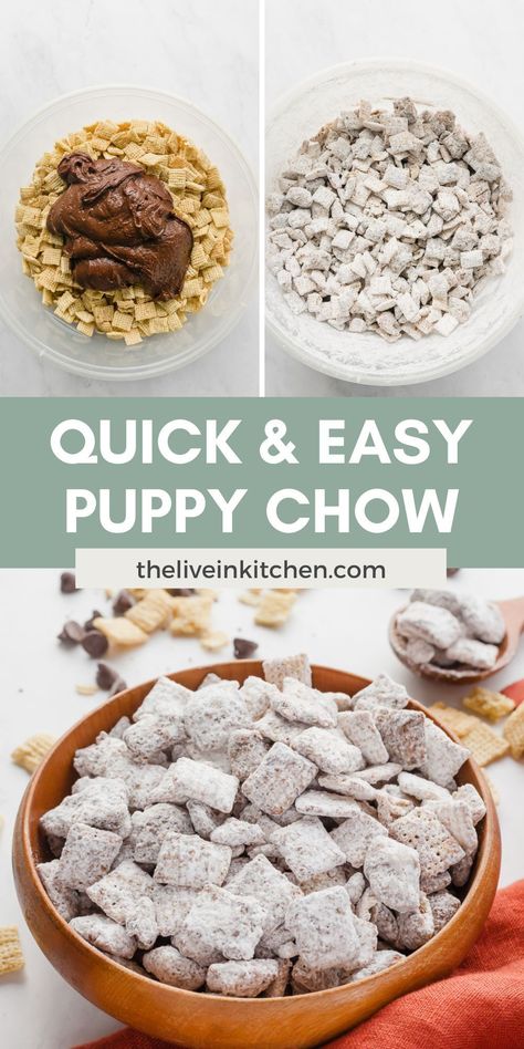 Puppy chow (also known as Muddy Buddies) is a Midwest favorite! Chocolate, peanut butter, chex, and powdered sugar make this the easiest snack ever. Puppy Chow Without Peanut Butter, Homemade Puppy Chow, Easy Puppy Chow Recipe, Peanut Butter Chex, Easy Puppy Chow, Muddy Buddy Recipe, Kid Friendly Vegetarian Recipes, Easy Snack Mix, Puppy Chow Chex Mix Recipe