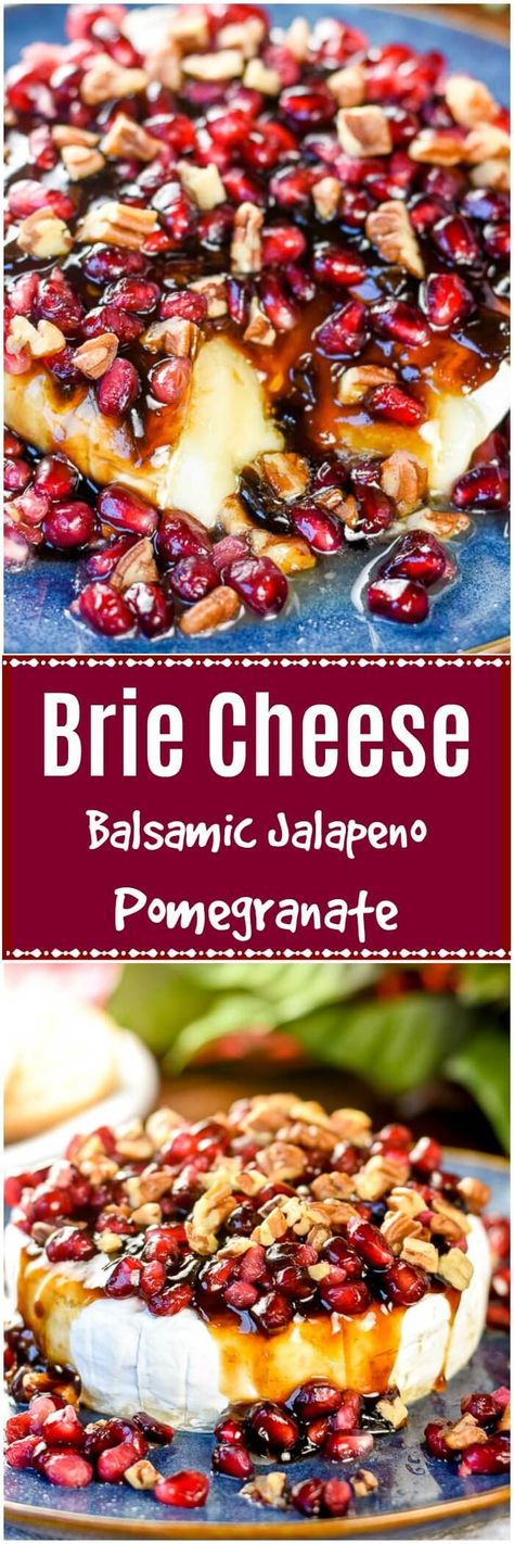 Balsamic Jalapeño Pomegranate Brie Cheese with pecans makes an elegant gourmet holiday appetizer that is ready in 5 minutes with only 4 ingredients. #BrieCheese #HolidayAppetizer December Appetizers, Pomegranate Brie, Holiday Appies, Appetizers Brie, Appetizers Gourmet, Brie Baked, Dip Appetizers, White Queso, Holiday Appetizer