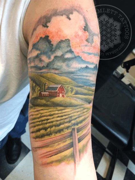 Farm Tattoos, Half Sleeve Tattoos Lower Arm, Farm Tattoo, Wheat Tattoo, Wanderlust Tattoo, Cow Tattoo, Full Sleeve Tattoo Design, Landscape Tattoo, Full Sleeve Tattoos