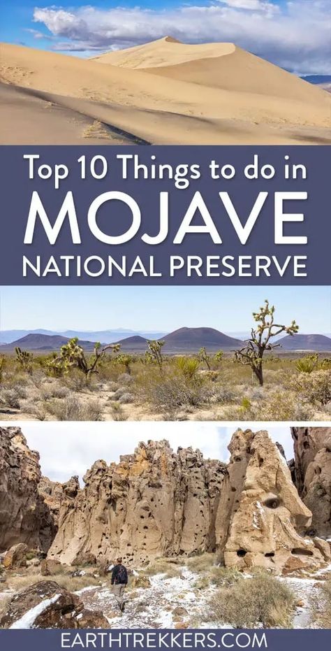 Best things to do in Mojave National Preserve. Kelso Dunes, Rings Trail at Hole-in-the-Wall, Teutonia Peak, Zzyzx, Lava Tube Trail, and more. Plus, how to spend your time and helpful tips. Kelso Dunes, Earth Trekkers, Las Vegas Trip Planning, Mojave National Preserve, California Roadtrip, Lava Tubes, California Hikes, Big Trees, Travel Inspiration Destinations