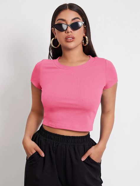 SHEIN Rib-knit Crop Top | SHEIN USA Purple Top Outfit, Top Roxo, Crop Top Outfits Summer, Purple Crop Top, T Shirt Crop Top, Rib Knit Top, Top Shein, Summer Crop Tops, Ribbed Knit Top