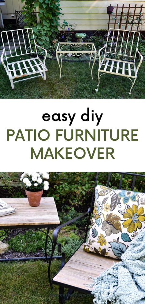 DIY Outdoor Patio Furniture Makeover. Learn how to upcycle your old metal outdoor furniture into chic outdoor patio décor with our DIY metal patio furniture makeover- the perfect cheap backyard idea! Click through for this metal table and chairs makeover tutorial and create your small backyard oasis on a budget. Upcycle Patio Furniture, Patio Chairs Makeover, Cheap Backyard Ideas, Outdoor Furniture Makeover, Diy Outdoor Patio, Patio Furniture Makeover, Iron Patio Furniture, Diy Garden Bed, Metal Outdoor Furniture