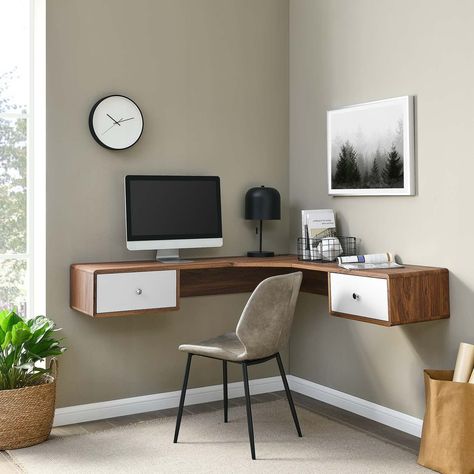 PRICES MAY VARY. MID-CENTURY OFFICE DESK - Boasting a retro modern silhouette, this corner desk brings mid-century style to your home office encouraging focus and productivity all day long SPACIOUS STORAGE - This desk features two full-extension drawers offering ample storage for all your office essentials. White lacquer drawer fronts and chrome metal hardware add a stylish touch FUNCTIONAL USE - Whether mounted in the home office space, study, bedroom, or dorm room, versatility abounds with thi Corner Small Desk, Floating Corner Computer Desk, Floating Desk Corner, Tiny Office Corner, Tiny Corner Desk, Workstation In Bedroom, Mini Office In Bedroom, Tiny Home Office In Bedroom, Tiny Desk Space