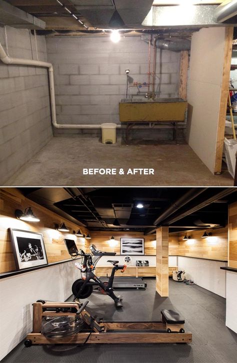 Michelle Adams Basement Gym | Before and After Ruang Gym, Man Home Decor, Basement Decoration, Basement Gym, Basement Inspiration, Gym Room At Home, Reformer Pilates, Basement Makeover, Small Basements