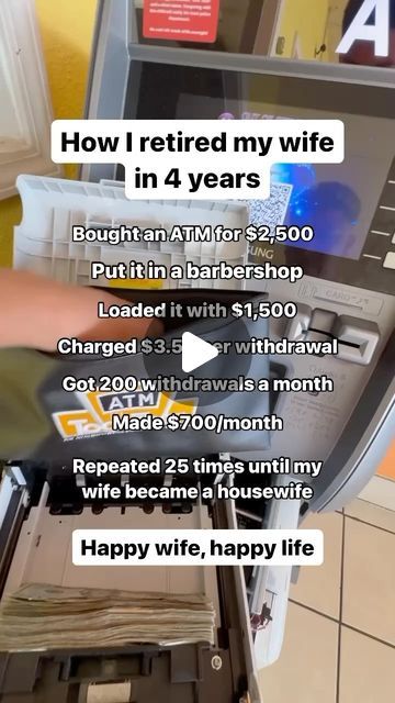 Juan Jeronimo on Instagram: "Here’s how owning ATMs enabled my wife to quit her job and become a housewife at 25.  If you want to learn how to start an ATM business, DM me “ATM”." Atm Business, Starting Business, Business Mind, Business Minded, Financial Life Hacks, Happy Wife, Motivation Success, Side Hustles, Money Tips