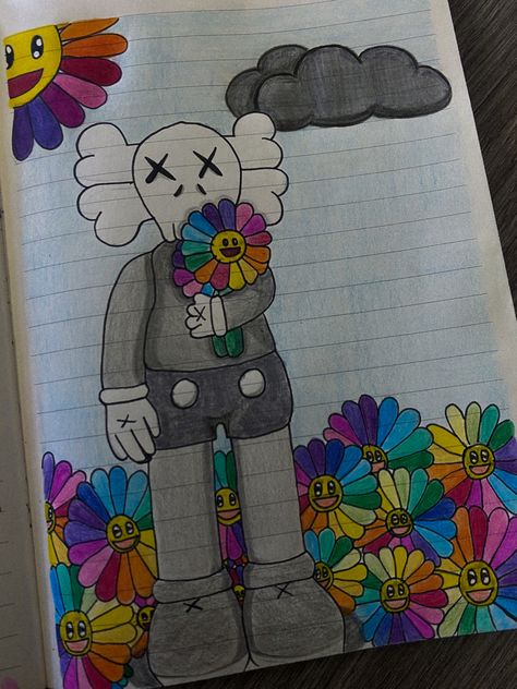 Kaws Inspired Art, Kaws Flower Drawing, Murakami Flower Drawing, Kaws Drawing Sketch, Drawing Ideas Kaws, How To Draw Kaws, Murakami Flower Painting Canvas, Kaws X Murakami, Kaw Drawings