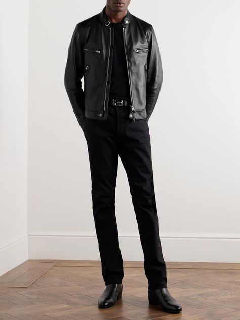 TOM FORD's biker jacket is one you'll return to season after season. Modelled on motorsport styles, it’s been made in Italy from full-grain nappa leather and has zipped cuffs and side adjusters so you can alter the slim fit. Tom Ford Leather Jacket Men, Men In Leather Jackets, Leather Jacket Formal Outfit, Black Leather Jacket Men Outfit, Vintage Leather Jacket Outfit Men, Biker Jacket Outfit Men, Black Leather Jacket Outfit Men, Mens Leather Jacket Outfit, Leather Outfit Men